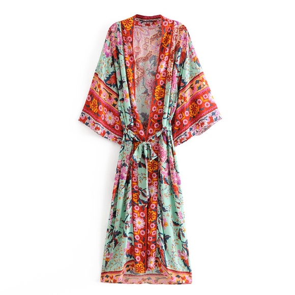 Boho Gypsy Red Floral Print Belted Kimono Cover up Beach - Picture 8 of 9